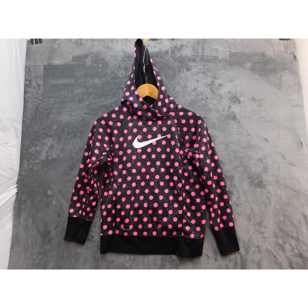 Nike Hoodie Girls Large Black Pink Therma-FIT Polka Dot Fleece Swoosh 839184-667
